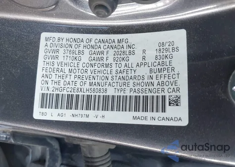 2020 Honda Civic Sport из США, поврежденный, VIN 2HGFC2E8XLH580838